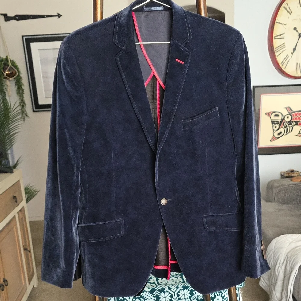 Theme Midnight Blue Velvet Blazer with Crimson Highlights Nebula J